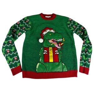 Celebrate Together T-Rex Dino Santa Ugly Christmas Sweater Unisex S Green Red